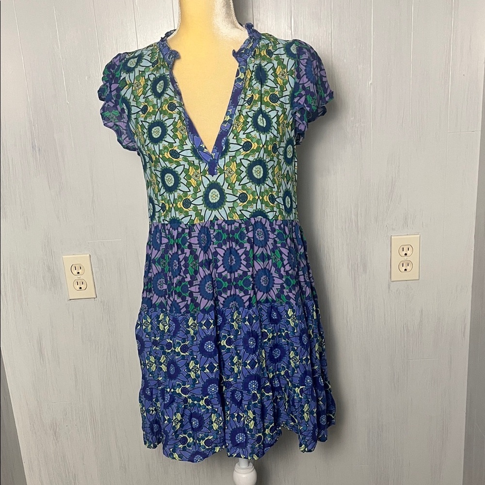 Anthropologie Blue and Green Floral Babydoll Tiered Modal Dressā Size S